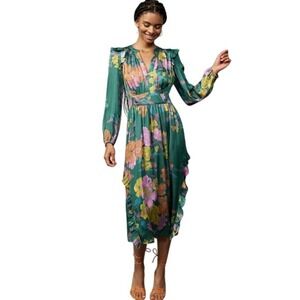 Current Air Emmaline Botanical Floral Midi Dress Sz S Green Multicolor‎ Ruffle